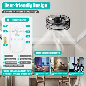 18 Inch Ceiling Fan Light Farmhouse LED Chandelier Caged Fanlamp+Remote Control - Picture 1 of 13