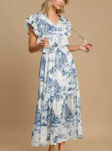 Umgee Midi Dress Sky Blue Landscape Print Ruffle Short Sleeve S-2XL - Picture 1 of 6