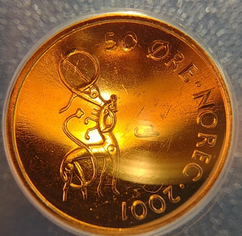 2001 Norway 50 Øre KM# 460 ANACS MS 64 Bronze Without Star Cover