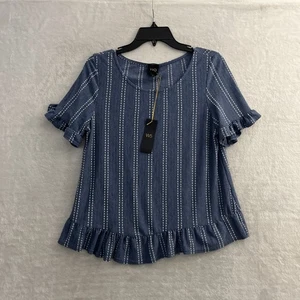 W5 Womans Blouse Top Blue Geometric Large Polyester Blend Short Sleeve Pullover - Picture 1 of 8