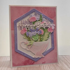 Handmade Greeting Card ocbrandy happy birthday wishes watercolor flowers teacup - Picture 1 of 2