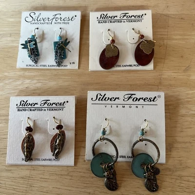 Lot of 4 Silver Forest Dangle Earrings. New old Stock. Cat. Cougar. Dragonfly.  - Image 1 of 4