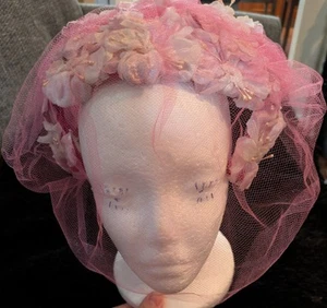 Vintage Pink 1940's Floral Vieled Headpiece - Picture 1 of 6