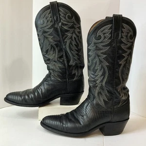 Vintage Dan Post Cowboy Boots Men's 7.5D Black Teju Lizard Skin - Picture 1 of 8
