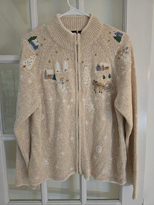 De Colección Erika Navidad Cremallera Completa Cárdigan Suéter Bordado Ramie Abuela Beige Lg Foto 1 de 4