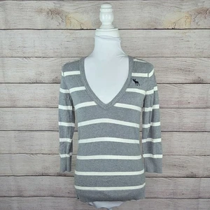 Suéter mediano Abercrombie & Fitch AF gris blanco a rayas manga 3/4 cuello en V Y2K - Imagen 1 de 8