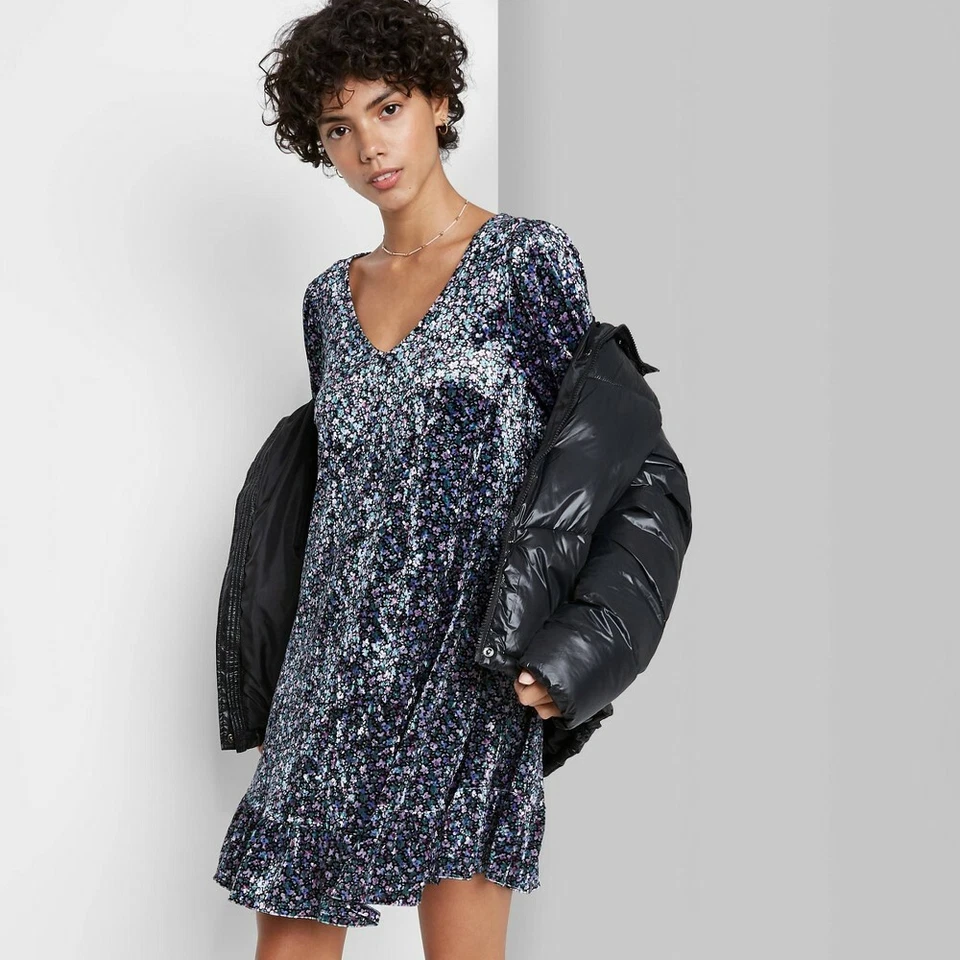 Women's Floral Print Long Sleeve Velvet Drop Hem Dress - Wild Fable Purple XS