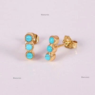 Arizona Turquoise Gemstone Bezel Set Studs Earrings In Solid 18k Yellow Gold - Image 1 of 4