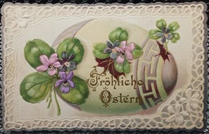 Fröhlich Ostern Embossed Antique Lavendar Floral Egg Easter Card - Picture 1 of 2