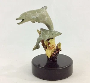 SPI Gallery: 2 Dolphins Swimming+Corrals Cast In Last Wax Brass On Marble Base . - Picture 1 of 6