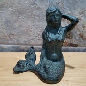 VTG Cast Iron Mermaid Sculpture Kneeling Blue Green Statue Outdoor Garden Home D - Picture 1 of 11