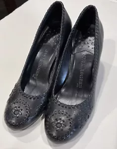 JACK ROGERS Isabelle Black Leather Stacked Heel Round Toe Shoes Sz 7 Worn Once - Picture 1 of 7