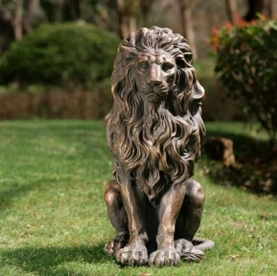 Guardian Lion Garden Sculpture Entrance Statue Bronze Finish Door Figurine Guard - Image 1 of 4