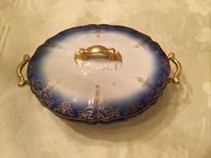 Vintage bedeckt ovale Porzellan Schale weiß/kobalt Goldrand, O P Co Syrakus - Bild 1 von 4