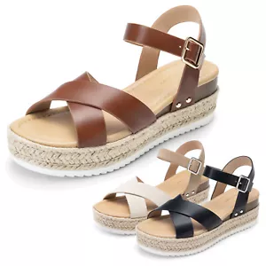 Women Summer Platform Espadrille Wedge Sandals Ankle Strap Open Toe Casual Shoes - Picture 1 of 26