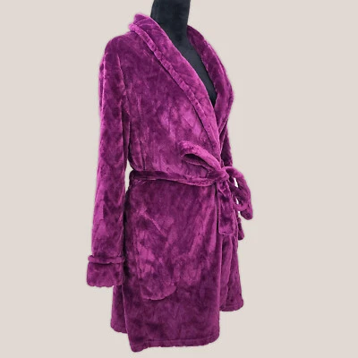 Noire Jasmine Rose Plush Purple Pink Long Robe with Pockets - Image 1 of 4