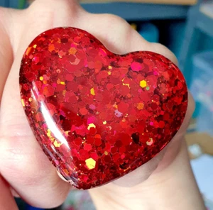 Unique BLOOD RED GLITTER HEART RING adjustable HUGE resin GIFT BOXED handmade - Picture 1 of 1