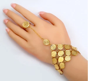 24k gold plated Dubai Coin Bangle Ring Cuff Bracelet Arab African Kundan jewelry - Picture 1 of 3