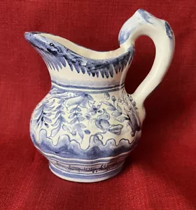 CREMA CERÁMICA PINTADA A MANO JARRA PEQUEÑA AZUL BLANCO NUMERADA FIRMADA PORTUGAL - Imagen 1 de 12