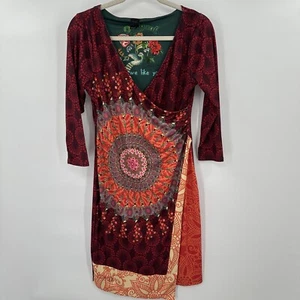 Desigual Multi Color Floral Abstract Long Sleeve Faux Wrap Dress Sz - Picture 1 of 5