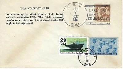 STAMP US SCOTT 2765f, 935. 605 'Italy Invaded Allies" CANCELED ON USS COLE 1937 - Image 1 of 2