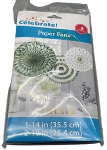 Celebrate paper fans 3 pieces 1-14" 2-10" mint green white party accessories new - Picture 1 of 7
