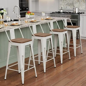 24" Set of 4 Metal Bar Stools Counter Height Barstools Farmhouse Stackable Chair - Picture 1 of 9