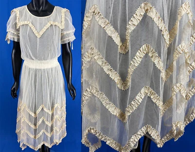 Vintage Cream Sheer Net Silk Ribbon Chevron Trim Handkerchief Hem Skirt Dress - Image 1 of 3