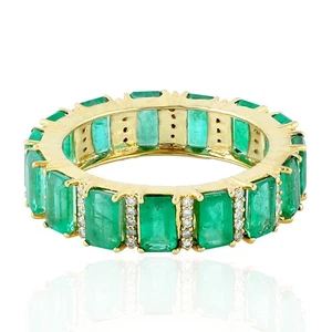 Natural Emerald Gemstone Baguette Band Ring 18k Gold Pave Diamond Jewelry - Picture 1 of 6