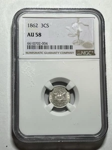 1862 Three-Cent Silver (Trimes) 3CS NGC AU58 Bright White Civil War Date - Picture 1 of 4
