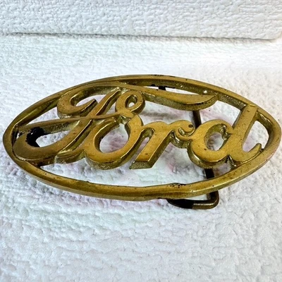 Vintage Ford Motor Co. Trucker Belt Buckle Brass Script Logo Western Gift - Image 1 of 4