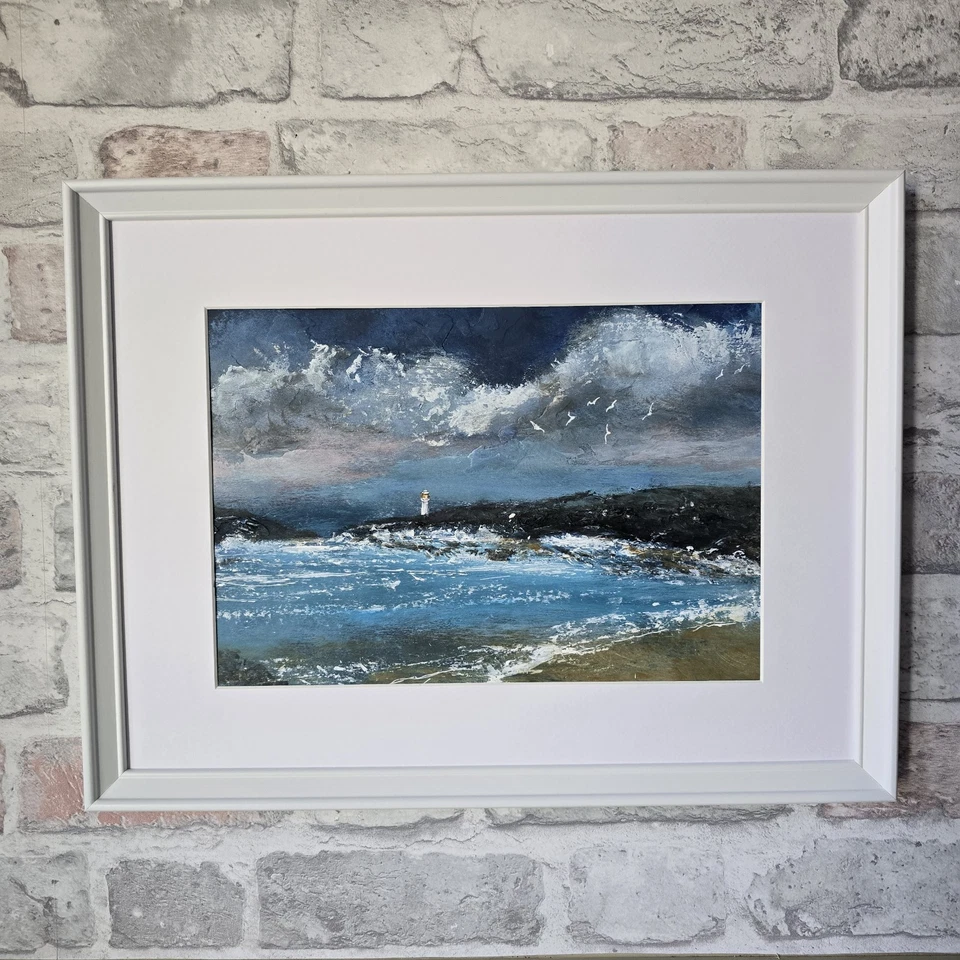  Original Acrylic Painting Coastal Landscape Lighthouse Seagulls Framed - Image 1 of 4