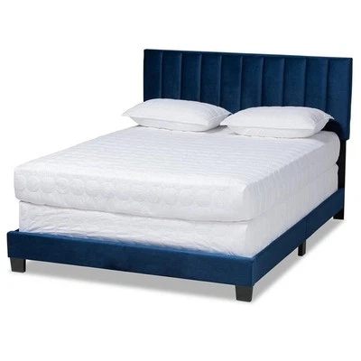 Bowery Hill Full Size Navy Blue Velvet Panel Bed with Tufted Headboard - Image 1 of 4