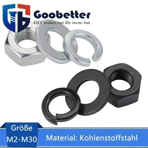 M2 M3-M30 Sechskant Mutter + Unterlegscheibe + Federscheiben Kohlenstoffstahl - Picture 1 of 33