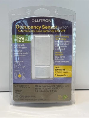 Lutron Motion Sensor Single Pole/3 Way MS-OPS5MH White New In Sealed Package - Image 1 of 2