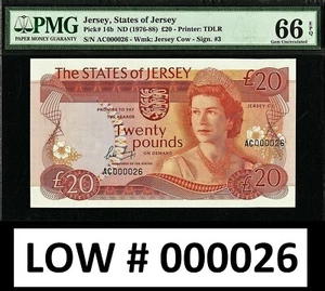 Jersey 20 Pounds QEII LOW Serial 000026 Pick-14b ND (1976-88) GEM UNC PMG 66 EPQ - Picture 1 of 3