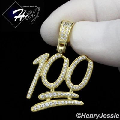 925 STERLING SILVER ICY CUBIC ZIRCONIA GOLD PLATED 100 EMOJI LOGO PENDANT*GP176 - Image 1 of 4