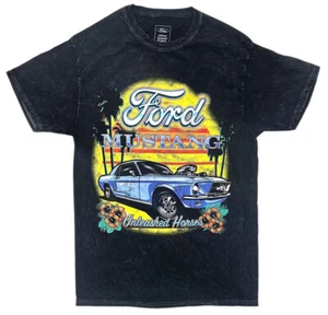 Ford Mustang Men's T-Shirt Distressed Vintage Print Acid Mineral Wash Black Tee - Picture 1 of 3