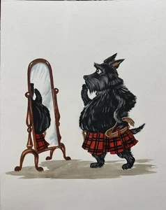 Original PAINTING SCOTTISH TERRIER RYTA humor dog portrait Scotland Kilt Costume - Picture 1 of 1