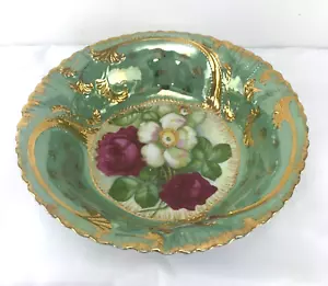 Vintage Germany Porcelain Scalloped Bowl with Roses Floral Gold Blue Lustre Edge - Picture 1 of 11
