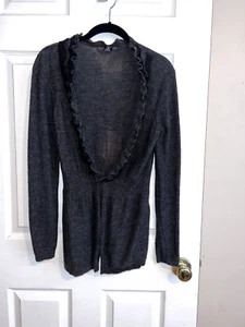 FLAWED ELENA SOLANO 100% Merino Wool Charcoal Gray Ruffled Sweater Cardigan Sz M - Picture 1 of 17