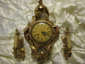 Carved and Gilt Wood Rococo Revival Cartel Clock & 2 Sconces wall set Sweden - Picture 1 of 12