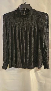 Womens Size Large Black Lace High Collar Long Sleeve Blouse - Picture 1 of 3