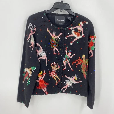 Michael Simon Christmas Cardigan Sweater Pinup Sexy Ladies Tree Gift Snowflake M - Image 1 of 3