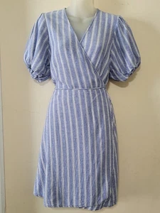 Old Navy Wrap Dress Size XL Blue White Striped Puff-Sleeve Linen Blend Classic - Picture 1 of 9