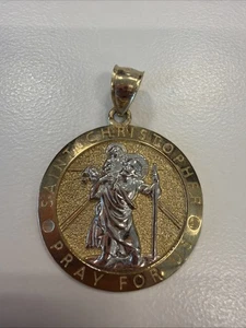 Saint Christopher 10k Gold Pendant 1.2" Real Gold Bail fit Up To 2.5mm New 3.1 - Picture 1 of 14
