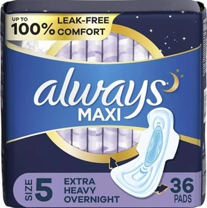 Always Maxi Pads with Wings, Size 5, 36 Pads, Extra Heavy Overnight Absorbency - Picture 1 of 5
