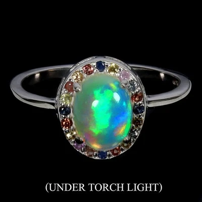 925 Sterling Silver Ring Oval Fire Opal 8x6mm Sapphire Gemstone Jewelry Size 8.5 - Image 1 of 4