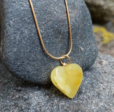 Ciondolo cuore ambra in argento sterling 925 placcato oro bianco naturale - Immagine 1 di 4