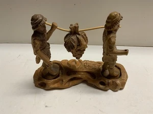 Hand Carved Wood Figures Men Carrying Grapes Wine Decor - Picture 1 of 6